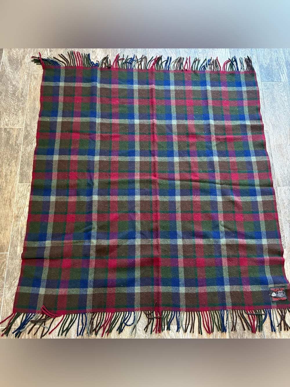 Vtg 100% Pure New Wool Plaid Blanket Red Navy Green Brown 46x48” Fringe Made UK